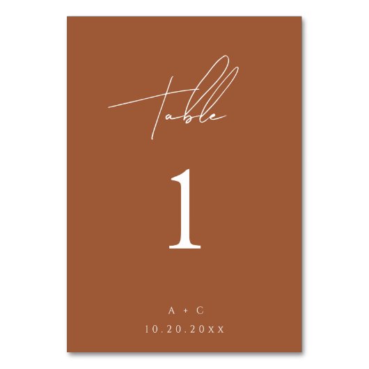 燃えたオレンジモダン色のミニマ結婚リストのテーブルカード テーブルナンバー (正面)