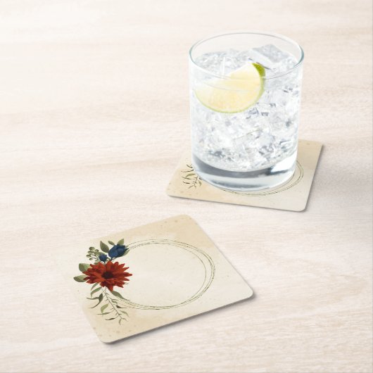 燃えたオレンジ色とネイビーブルーのフローラ スクエアペーパーコースター (インサイチュ)