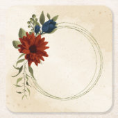 燃えたオレンジ色とネイビーブルーのフローラ スクエアペーパーコースター (正面)