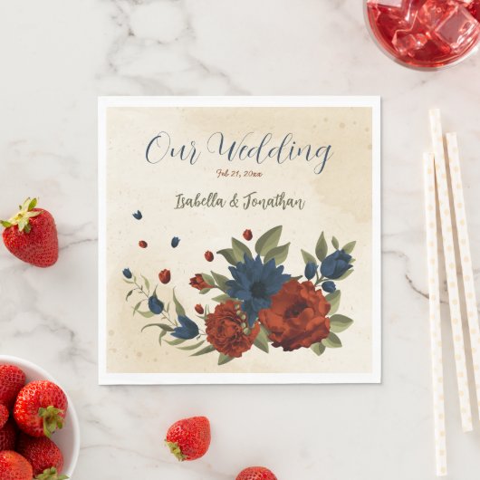 燃えたオレンジ色とネイビーブルーのフローラ スタンダードランチョンナプキン (インサイチュ)