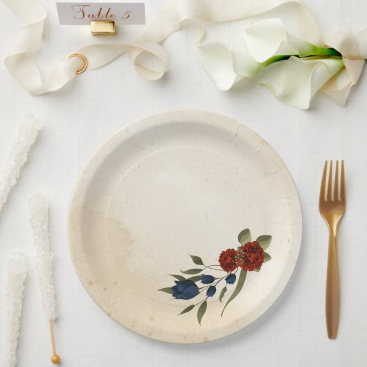 燃えたオレンジ色とネイビーブルーのフローラ ペーパープレート (ウェディング)