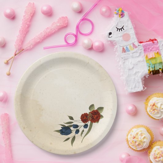 燃えたオレンジ色とネイビーブルーのフローラ ペーパープレート (パーティー)