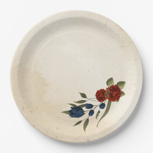 燃えたオレンジ色とネイビーブルーのフローラ ペーパープレート (正面)