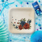 燃えたオレンジ色とネイビーブルーのフローラ ペーパープレート (パーティー)