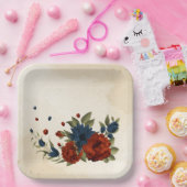 燃えたオレンジ色とネイビーブルーのフローラ ペーパープレート (パーティー)