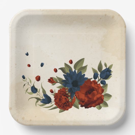 燃えたオレンジ色とネイビーブルーのフローラ ペーパープレート (正面)