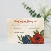 燃えたオレンジ色とネイビー色の青結婚い花 出欠カード (スタンド正面)
