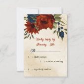 燃えたオレンジ色とネイビー色の青結婚い花 出欠カード (正面)