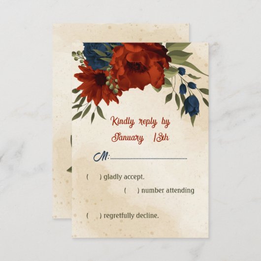 燃えたオレンジ色とネイビー色の青結婚い花 出欠カード (正面/裏面)