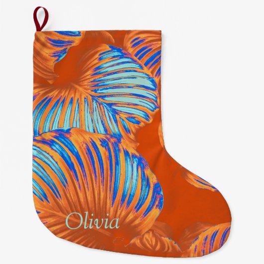 燃えたオレンジ色と電気ブルーのトロピカル葉 ラージクリスマスストッキング (正面)