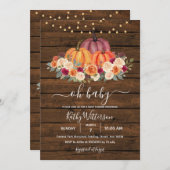 燃えたオレンジ色のカボチャ素朴の木の赤ちゃんシャワー 招待状 (正面/裏面)