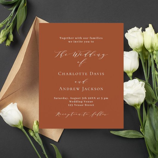 燃えたオレンジ色のスクリプト予算結婚式招待状