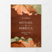 燃えたオレンジ色のセージ抽象芸術インクQRコー結婚ド 三つ折り招待状 (カバー)