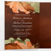 燃えたオレンジ色のセージ抽象芸術インクQRコー結婚ド 三つ折り招待状 (内部最初)