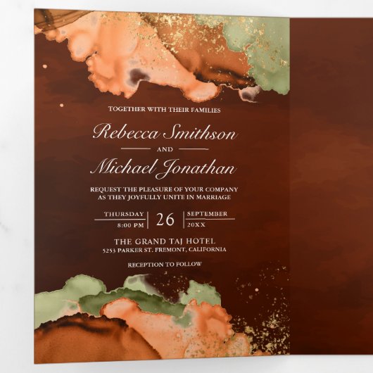 燃えたオレンジ色のセージ抽象芸術インクQRコー結婚ド 三つ折り招待状 (内部最初)