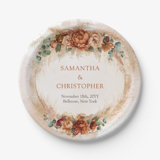 燃えたオレンジ色のテラコッタと緑の葉のアーチ ペーパープレート (正面)