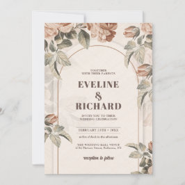 燃えたオレンジ色のテラコッタと緑の葉のアーチ 招待状