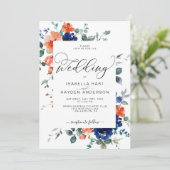 燃えたオレンジ色のネイビーさびフローラ水結婚色の 招待状 (スタンド正面)