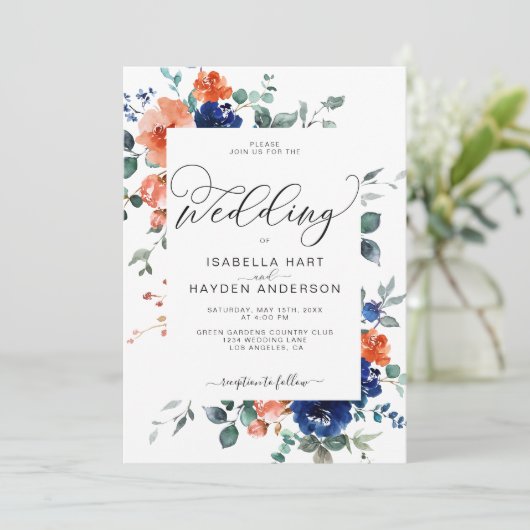 燃えたオレンジ色のネイビーさびフローラ水結婚色の 招待状 (スタンド正面)