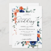 燃えたオレンジ色のネイビーさびフローラ水結婚色の 招待状 (正面/裏面)