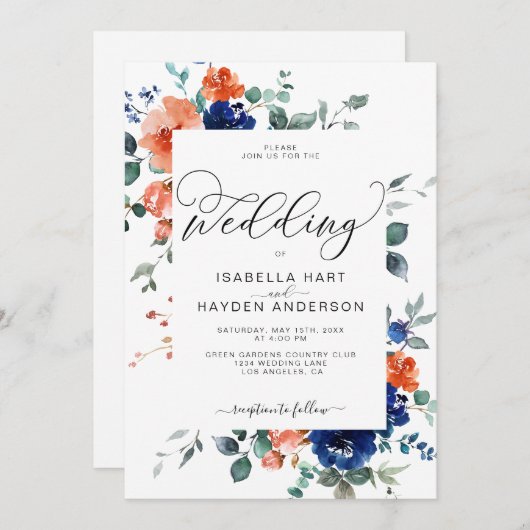 燃えたオレンジ色のネイビーさびフローラ水結婚色の 招待状 (正面/裏面)