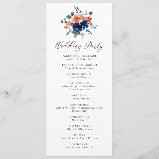 燃えたオレンジ色のネイビー素朴フローラウォーター結婚カラー プログラム (裏面)