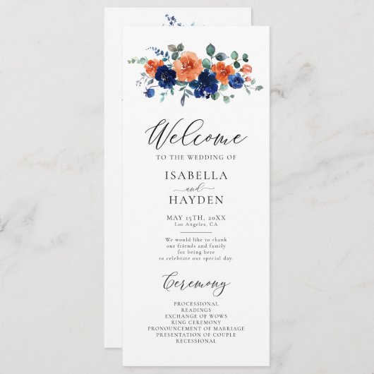 燃えたオレンジ色のネイビー素朴フローラウォーター結婚カラー プログラム (正面/裏面)