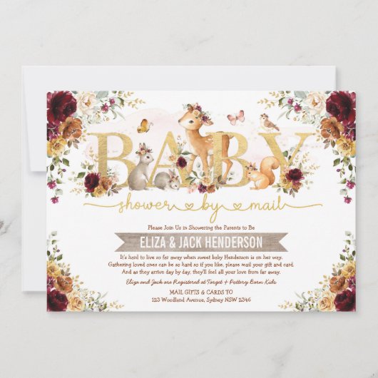 燃えたオレンジ色のブルゴーニュのウッドランドの赤ちゃんシャワー郵便 招待状 (正面)