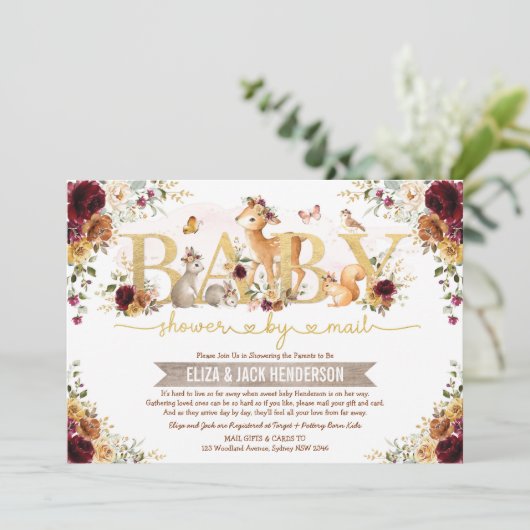 燃えたオレンジ色のブルゴーニュのウッドランドの赤ちゃんシャワー郵便 招待状 (スタンド正面)