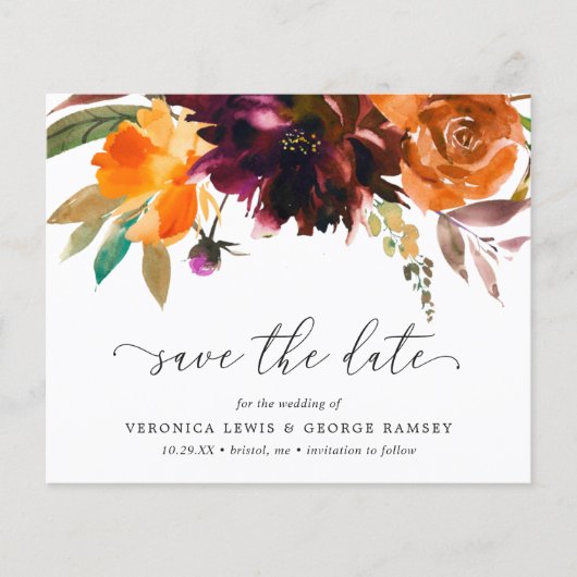 燃えたオレンジ色のブルゴーニュ予算結婚式の日付を保存 (正面)