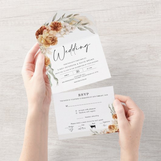 燃えたオレンジ色のボホフローラ結婚すべて オールインワン招待状 (貼ってはがせる)