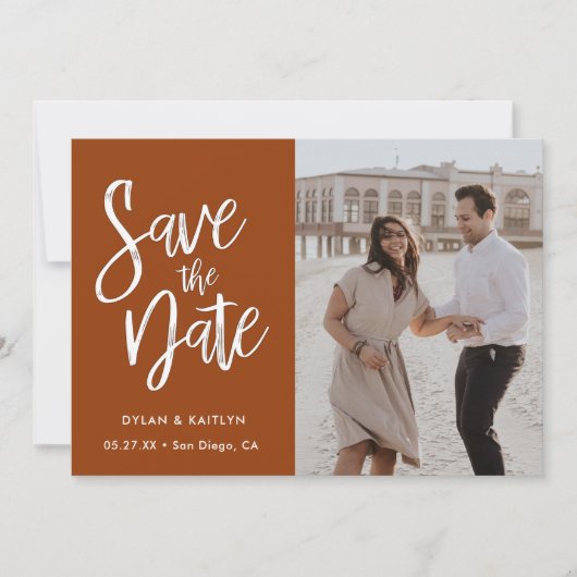 燃えたオレンジ色のミニマル写真日付を保存 案内状 (正面)