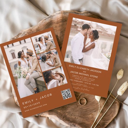 燃えたオレンジ色のミニマル写真QRコード結婚の 招待状