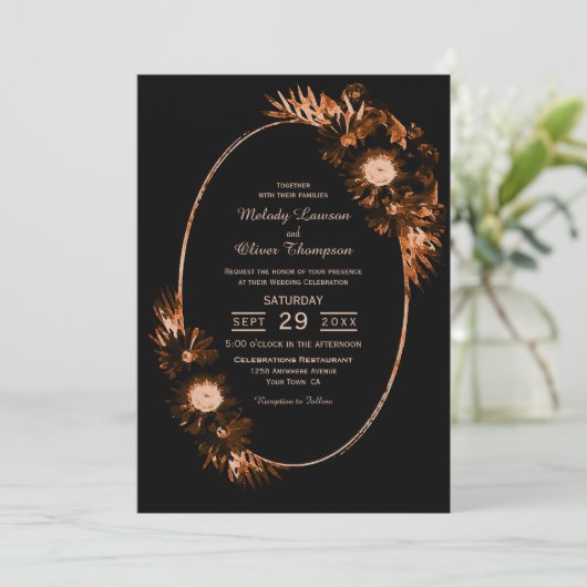 燃えたオレンジ色のムーディブラック結婚フローラ 招待状 (スタンド正面)