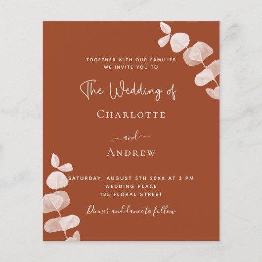 燃えたオレンジ色のユーカリ予算結婚式招待状 (正面)