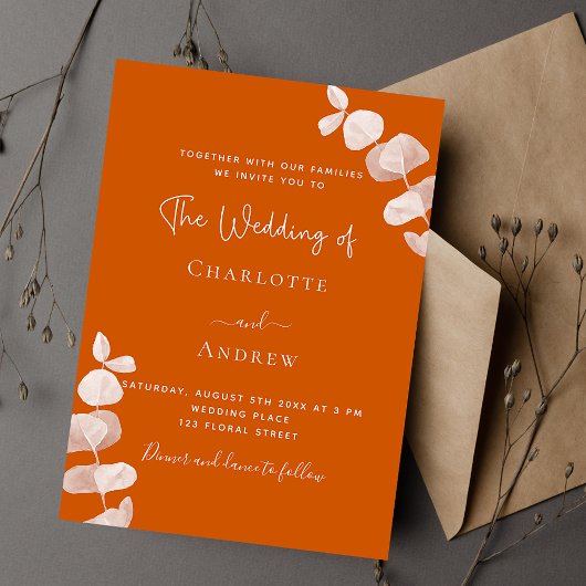 燃えたオレンジ色のユーカリ結婚プタス 招待状