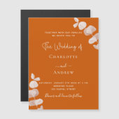 燃えたオレンジ色のユーカリ結婚プトゥス マグネット招待状 (正面/裏面)