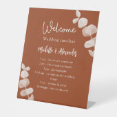 燃えたオレンジ色のユーカリ結婚式のタイムライン 台座サイン (正面)