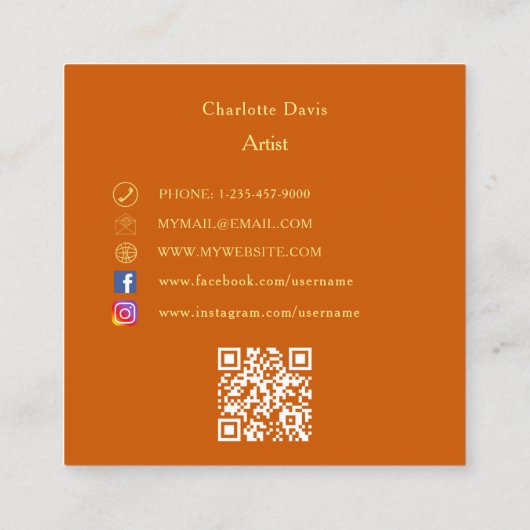 燃えたオレンジ色の写真QRコードのソーシャルメディア スクエア名刺 (裏面)