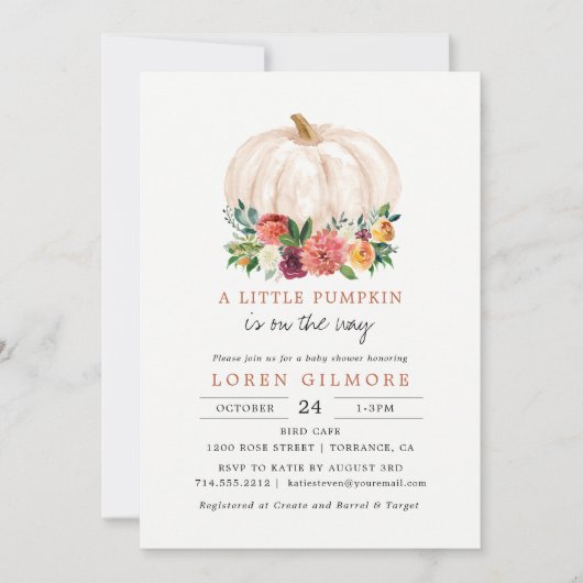 燃えたオレンジ色の小さなかぼちゃの赤ちゃんシャワー 招待状 (正面)