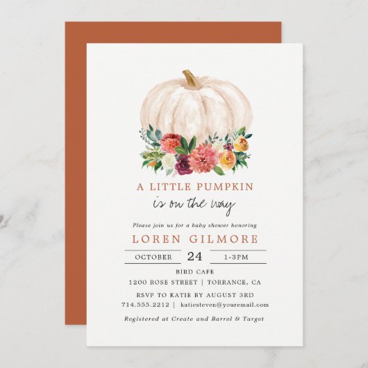燃えたオレンジ色の小さなかぼちゃの赤ちゃんシャワー 招待状 (正面/裏面)