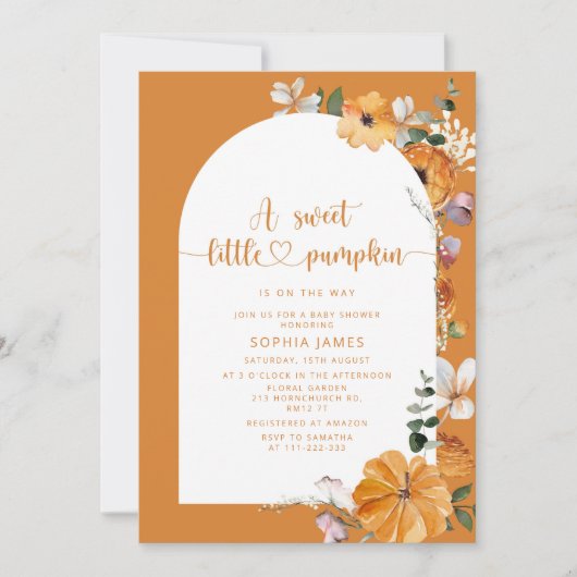燃えたオレンジ色の小さなカボチャの赤ちゃんシャワー 招待状 (正面)