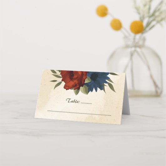燃えたオレンジ色の海軍の花の植物性結婚の プレイスカード (正面)