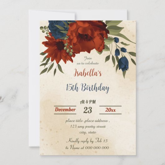 燃えたオレンジ色の海軍花植物誕生日 招待状 (正面)