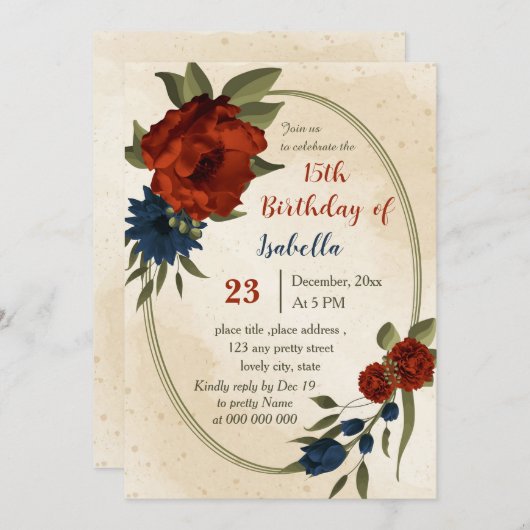 燃えたオレンジ色の海軍花植物誕生日 招待状 (正面/裏面)