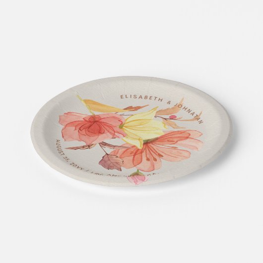 燃えたオレンジ色の秋水の色のフローラ結婚式 ペーパープレート (アングル)