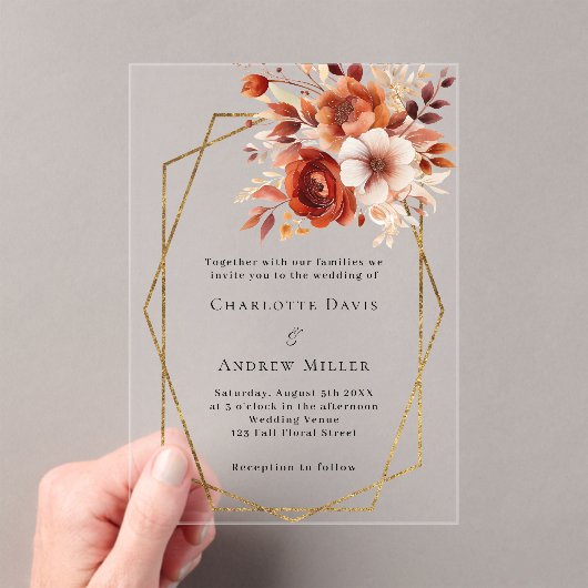 燃えたオレンジ色の花模様金ゴールドジオメト澄んリ結婚の アクリル招待状 (インサイチュ (ポータブル))