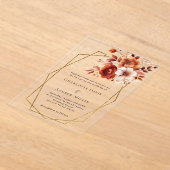 燃えたオレンジ色の花模様金ゴールドジオメト澄んリ結婚の アクリル招待状 (レイダウン)