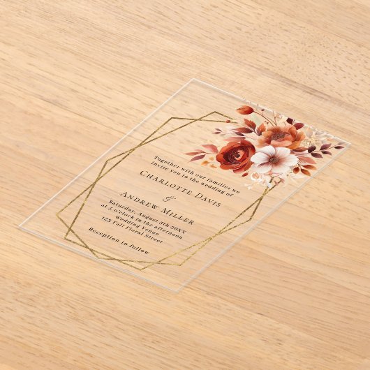 燃えたオレンジ色の花模様金ゴールドジオメト澄んリ結婚の アクリル招待状 (レイダウン)