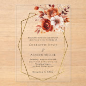 燃えたオレンジ色の花模様金ゴールドジオメト澄んリ結婚の アクリル招待状 (正面)